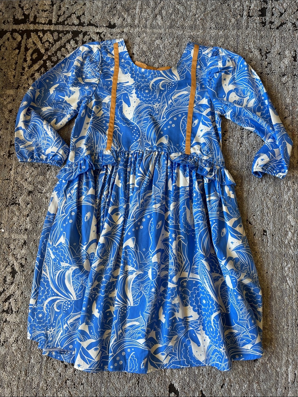 NWT Finding Foxtale Blue Flora/animal Print Long Sleeve Dress with mustard Trim